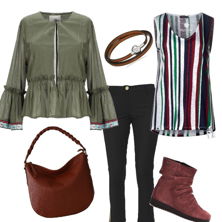 Outfit mujer - Look and shop. Estilo Urban Combinación con camiseta sin mangas, pulsera, borsa a mano, blazers, pantalones.