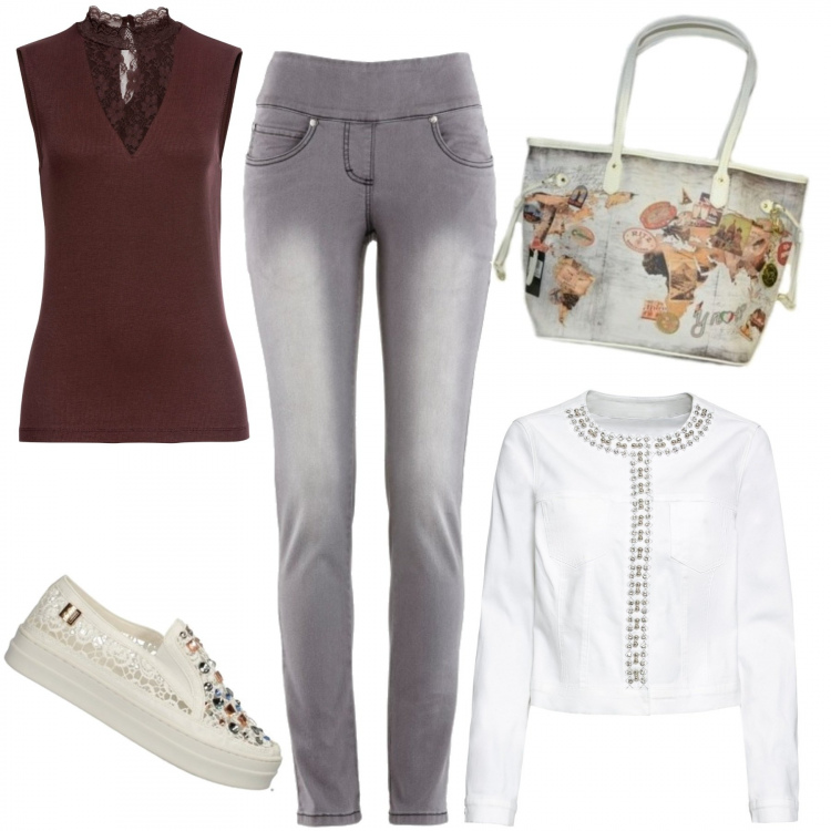 Outfit donna - Sofisticata comodità. Stile Urban per Scuola/Università. Abbinamento con jeans slim fit, top, zaini, scarpa, shopping bag.