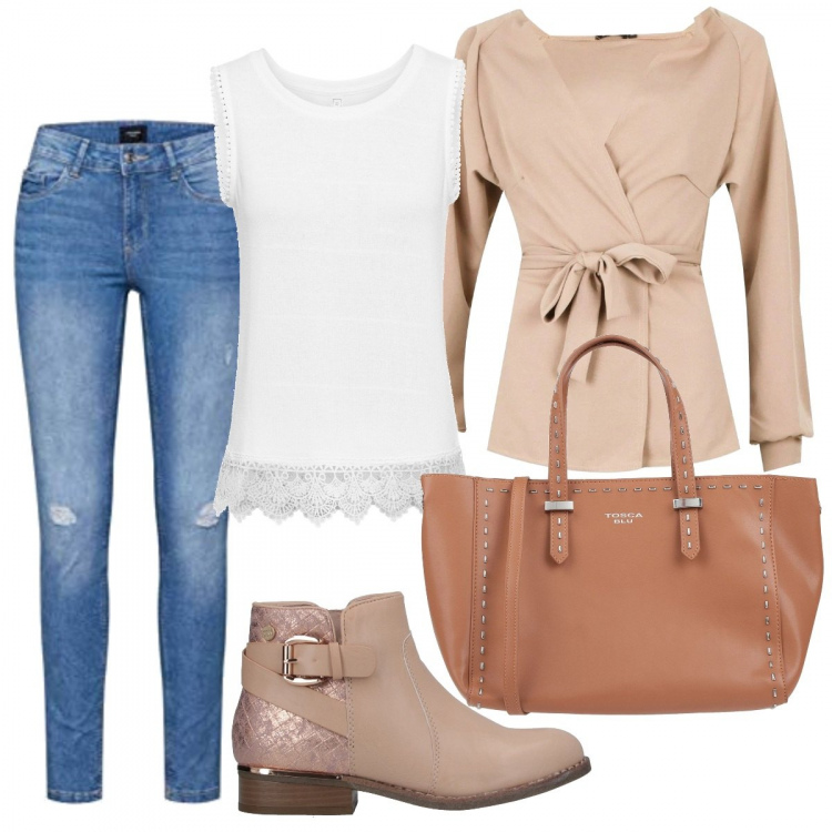 Outfit donna - Jeans e stivaletti. Stile Urban per Tutti i giorni. Abbinamento con borsa a mano, stivaletti, borse a tracolla, cardigan, jeans.