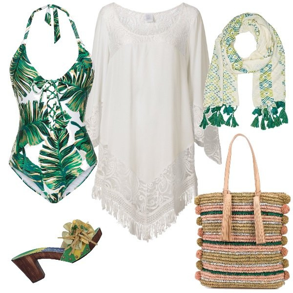 Outfit donna - Etnico trendy. Stile Etnico per Mare. Abbinamento con vestiti da spiaggia, costumi interi, sabot, borse tote, scialli.