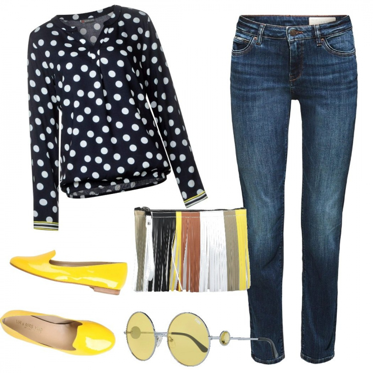 Outfit donna - Pois tra il giallo. Stile Basic per Tutti i giorni. Abbinamento con mocassini, borse a mano, blusa, jeans, occhiali da sole.