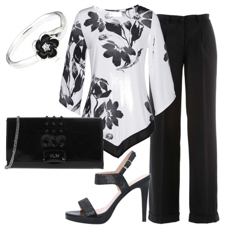 Outfit donna - Blusa elegante con fiori. Stile Chic per Cerimonia. Abbinamento con pantaloni, pullovers, sandali con tacco, borse a mano, anelli.