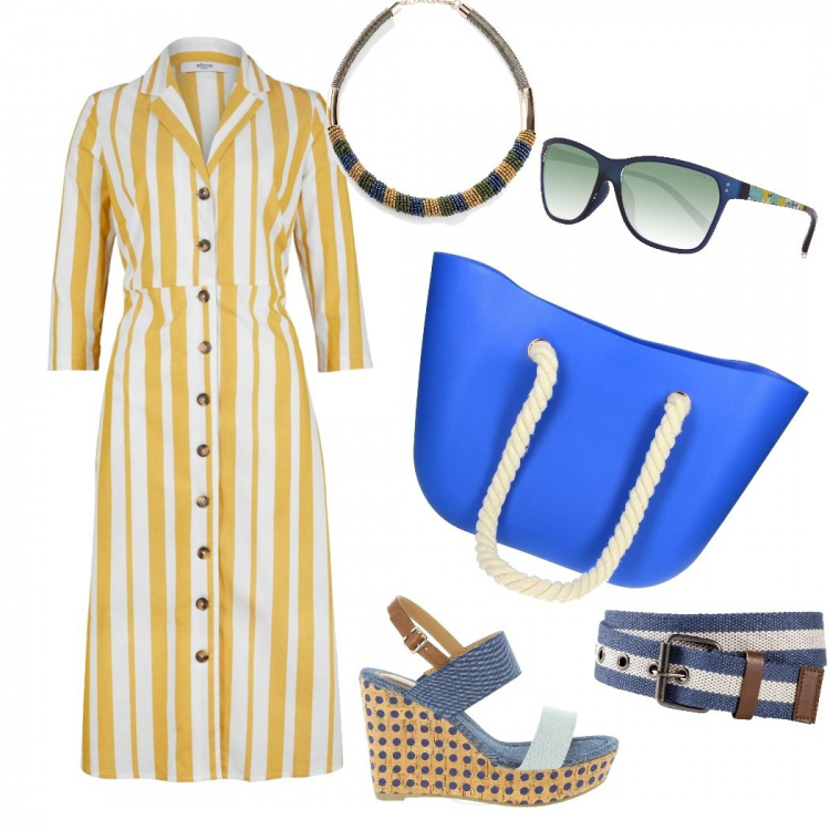 Outfit donna - Sognando il mare. Stile Basic per Tutti i giorni. Abbinamento con cappotti, cinture, maglieria, shopping bag, sandali, occhiali da sole.
