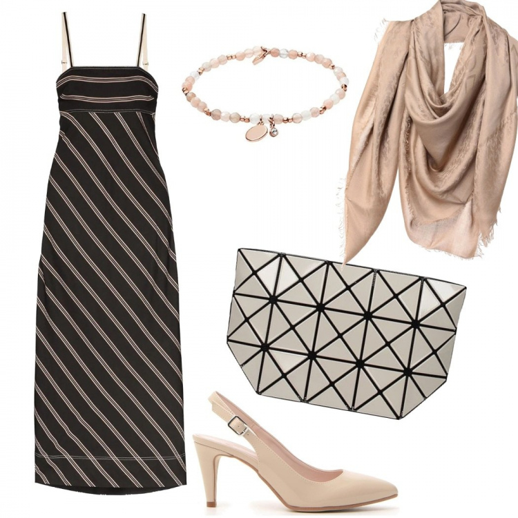 Outfit donna - Il vestito a righe. Stile Chic per Cerimonia. Abbinamento con foulard, pochette, vestito lungo, décolleté, braccialetto.