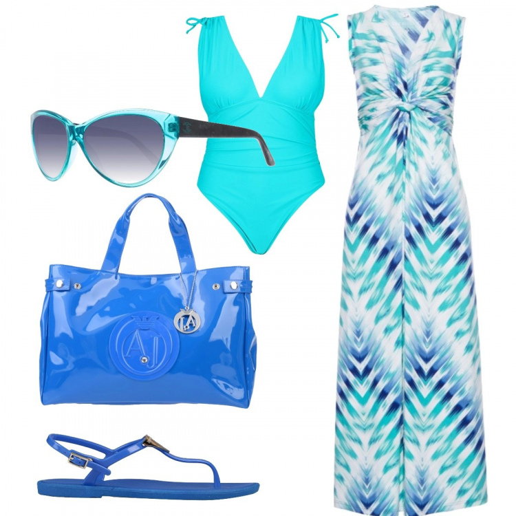 Outfit donna - I colori del mare. Stile Basic per Mare. Abbinamento con borse a mano, infradito, vestiti, costume, occhiali da sole.