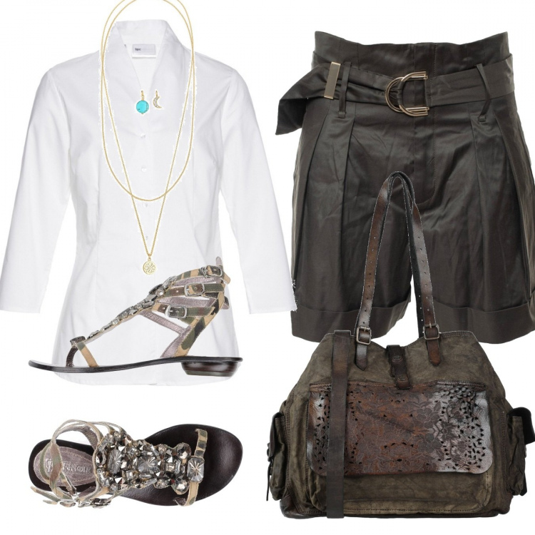 Outfit donna - Trendy #31352. Stile Trendy per Tutti i giorni. Abbinamento con camicie, sandali, borse a spalla, shorts, collane.
