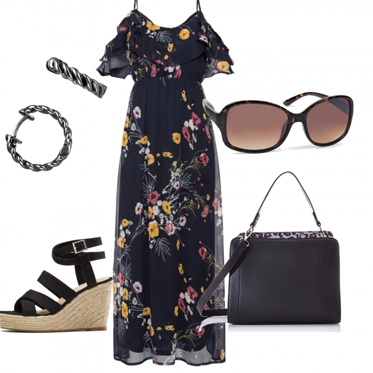 Outfit femme - Festival. Style Ethnique pour Soirée dehors. Assortir avec robes longues, chaussures à semelle compensée, pochette, lunettes de soleil, boucles d'oreilles.