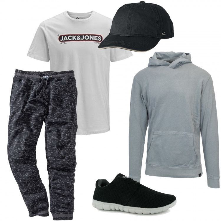 Outfit uomo - Parola d\'ordine comfort. Stile Urban per Tutti i giorni. Abbinamento con pantaloni, felpa, cappello con visiera, t-shirt, sneakers.