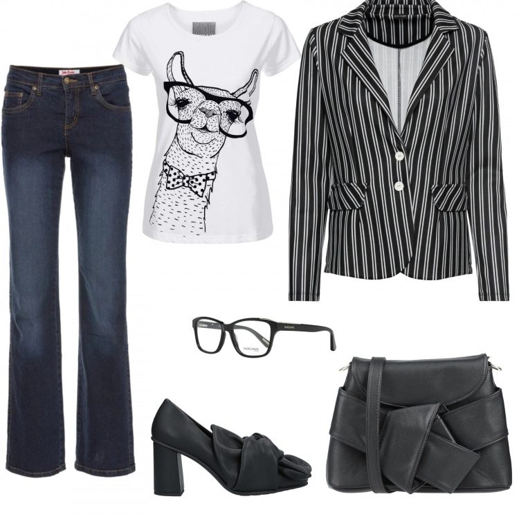 Outfit donna - Jeans curvy style. Stile Trendy per Tutti i giorni. Abbinamento con jeans dritti, t-shirt, blazer, décolleté, borse a mano, occhiali.