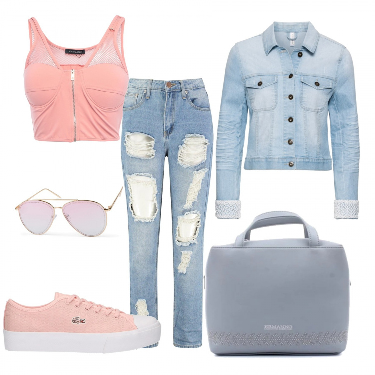 Outfit donna - Sexy urban. Stile Urban per Serata fuori. Abbinamento con blazer, top, jeans mom, borsa a mano, occhiali da sole, sneakers.