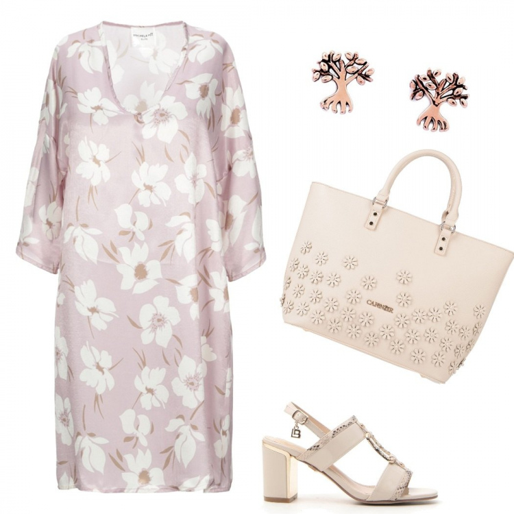 Outfit donna - Primavera floreale. Stile Basic per Ufficio. look ideale per Premaman. Abbinamento con vestito corto, borse a mano, sandali, orecchini.