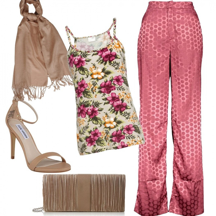 Outfit donna - Una sera a cena. Stile Chic per Serata fuori. Abbinamento con top, pantalone lungo, scialli, sandali col tacco, clutch.