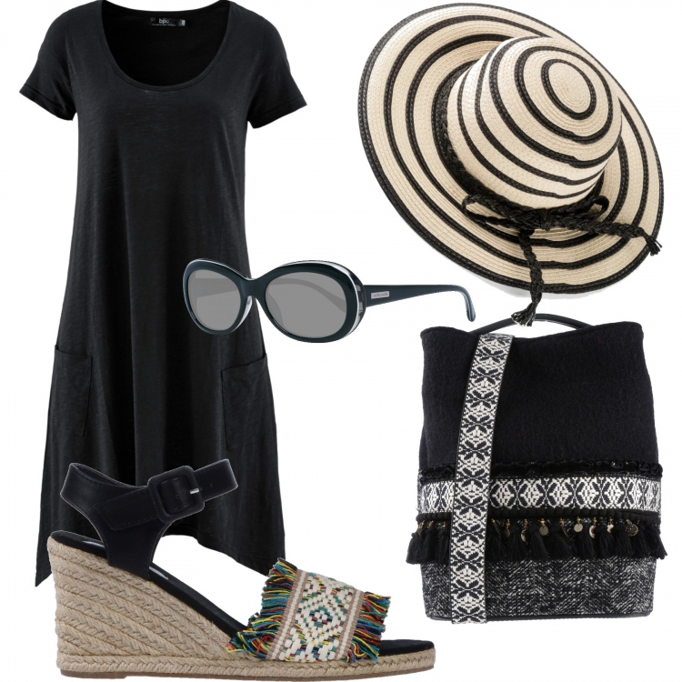 Outfit donna - Trendy #31639. Stile Trendy per Tutti i giorni. Abbinamento con vestiti, cappelli, borsa a tracolla, sandali, occhiali da sole.