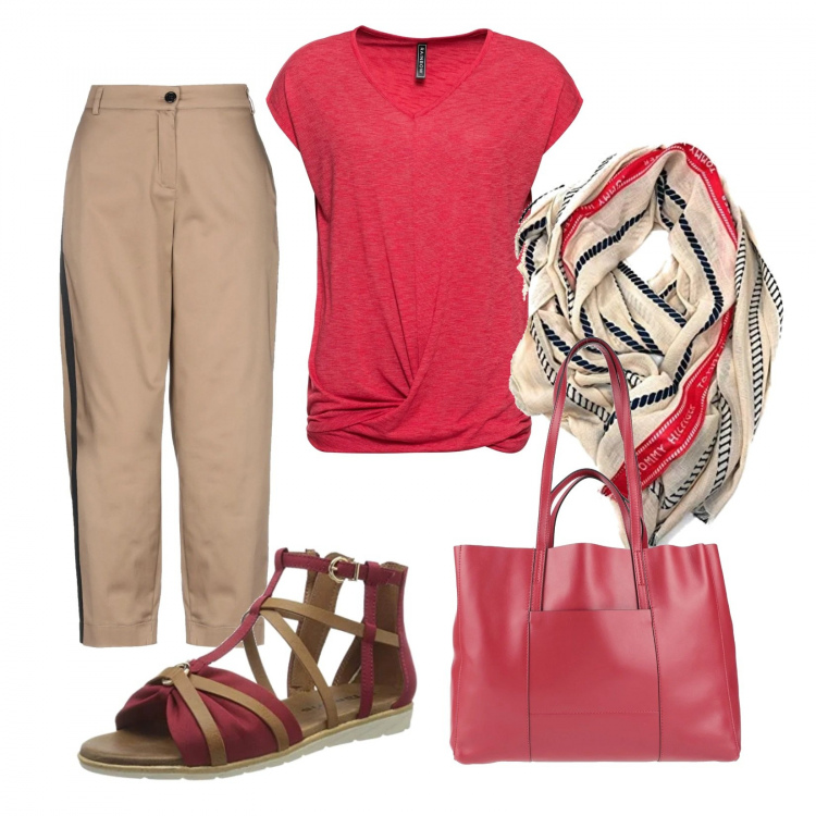 Outfit donna - Basic #20048. Stile Basic per Tutti i giorni. Abbinamento con maglieria, pantalone lungo, borsa a spalla, sandali, sciarpe.