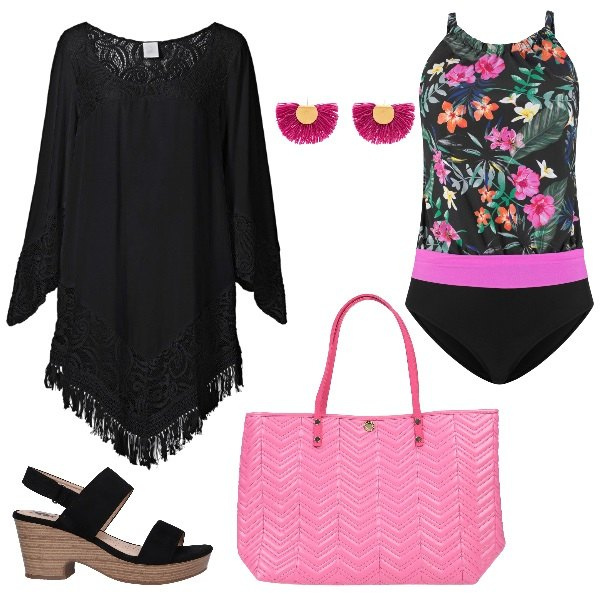 Outfit donna - Mare trendy. Stile Trendy per Mare. Abbinamento con vestiti da spiaggia, costumi interi, borsa a mano, orecchini, sandali.