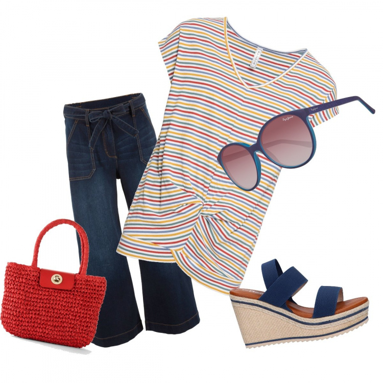 Outfit donna - Basic #19995. Stile Basic Abbinamento con jeans, maglieria, borse a mano, sandali, occhiali da sole.