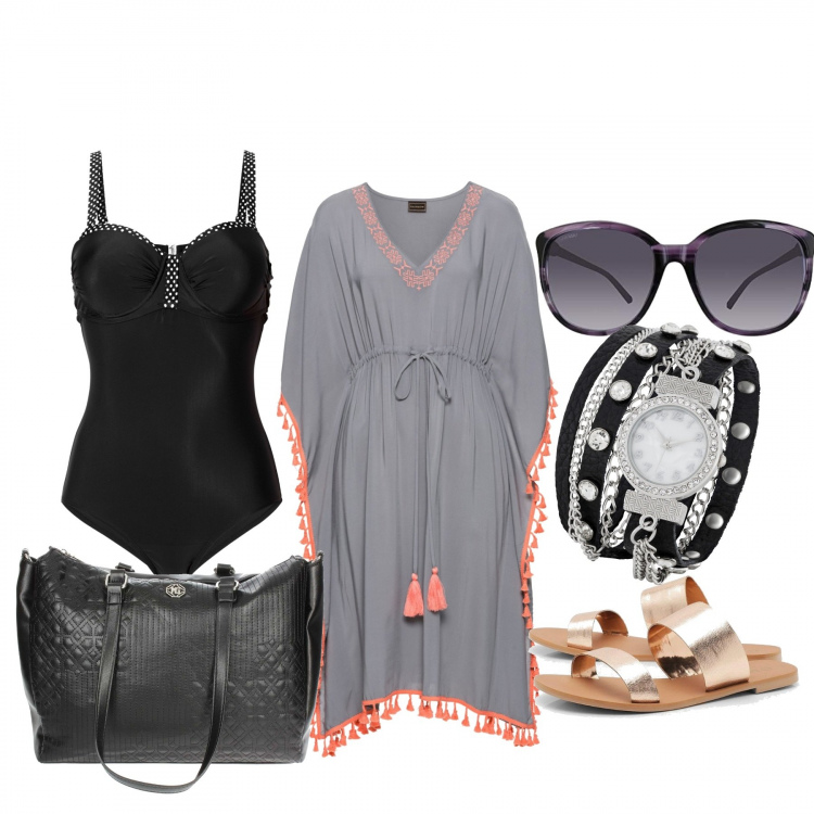 Outfit donna - Basic #20026. Stile Basic per Mare. Abbinamento con costumi interi, vestiti, orologio, ciabatte, shopping bag, occhiali da sole.