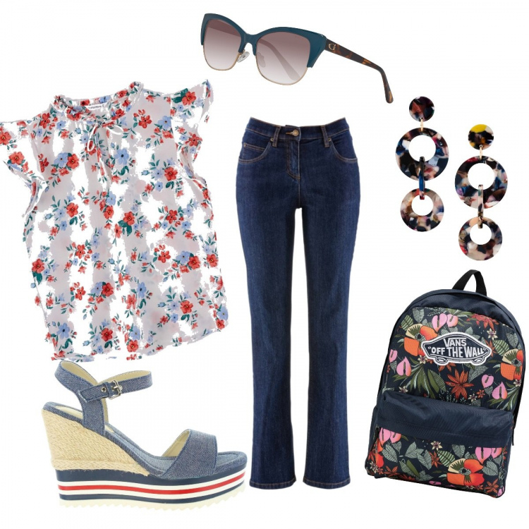 Outfit donna - La comodità con un tocco di. Stile Basic per Tutti i giorni. look ideale per Petite. Abbinamento con jeans dritti, orecchini, zaini, bluse, sandali, occhiali da sole.