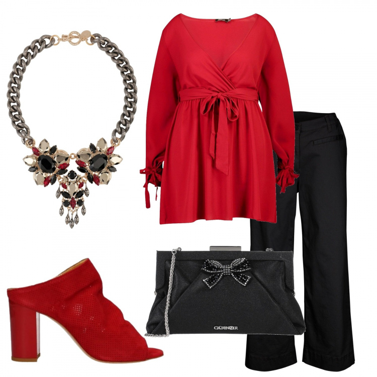 Outfit donna - Sabot spuntato per la curvy stylish. Stile Trendy per Serata fuori. Abbinamento con pantaloni cargo, borse a mano, collana, vestito, sabot.