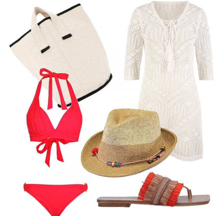 Outfit donna - Tutto il giorno al mare. Stile Trendy per Mare. Abbinamento con vestiti da spiaggia, infradito, bikini, borse tote, cappelli.