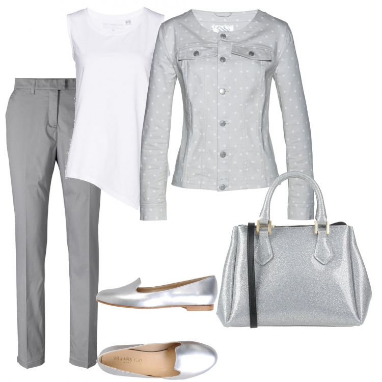 Outfit donna - Dettagli che brillano. Stile Trendy per Ufficio. Abbinamento con mocassini, borse a mano, vestiti chemisier, blazer, top.