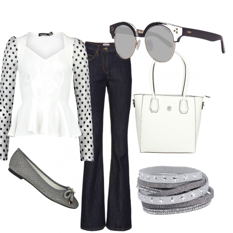 Outfit donna - Total look #567000. Abbinamento con jeans bootcut, braccialetti, top, ballerine, shopping bag, occhiali da sole.