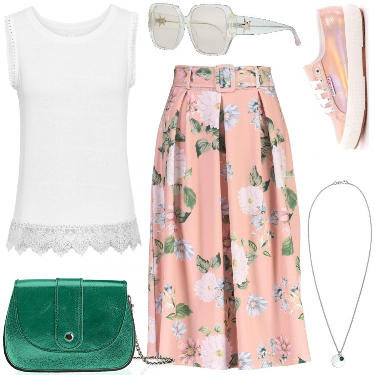 Outfit donna - Gonna a fiori e sneakers. Stile Basic per Tutti i giorni. Abbinamento con borse a tracolla, gonna longuette, sneakers, borse a spalla, occhiali da sole, collane.