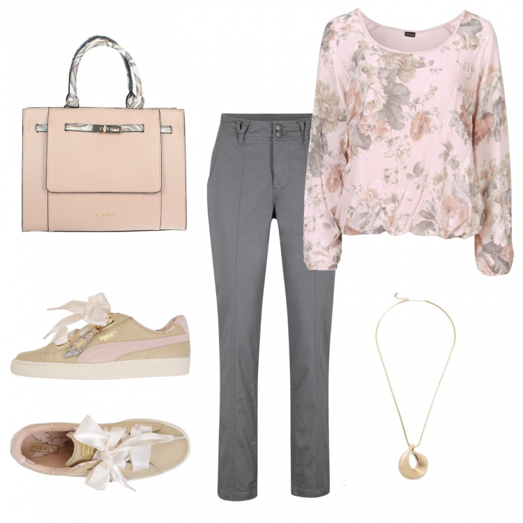 Outfit donna - Fiori in città. Stile Urban per Tutti i giorni. Abbinamento con sneakers, vestiti midi/longuette, tunica, sneakers, borse a mano.