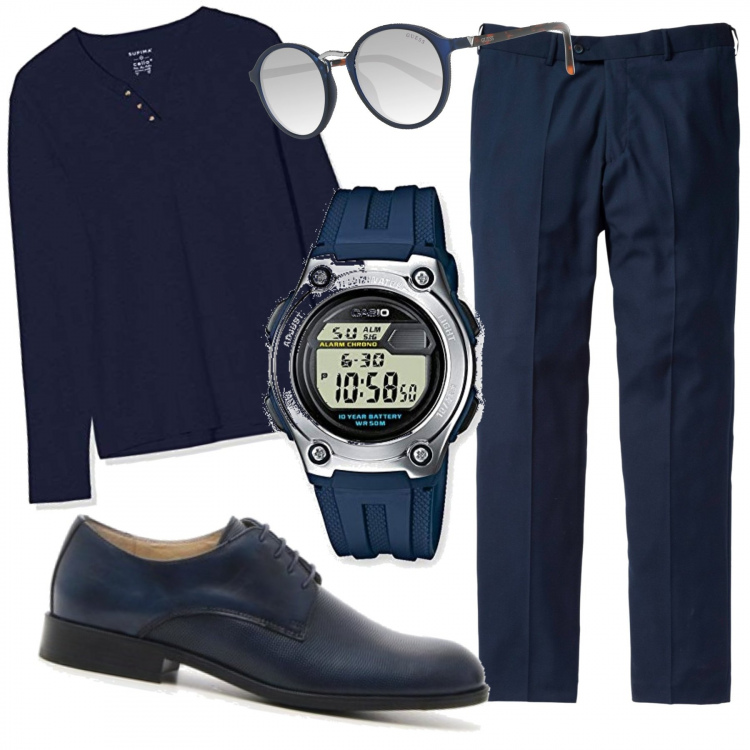 Outfit uomo - Elegant blue. Stile Business/Elegante per Tutti i giorni. Abbinamento con abiti, scarpe, t-shirt, orologi digitali, occhiali da sole.