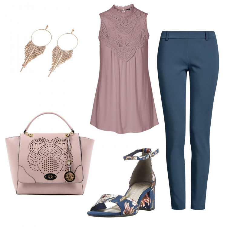 Outfit donna - In ufficio d\'estate. Stile Bon Ton per Ufficio. Abbinamento con top, orecchini, sandali, pantalone lungo, borse a mano.