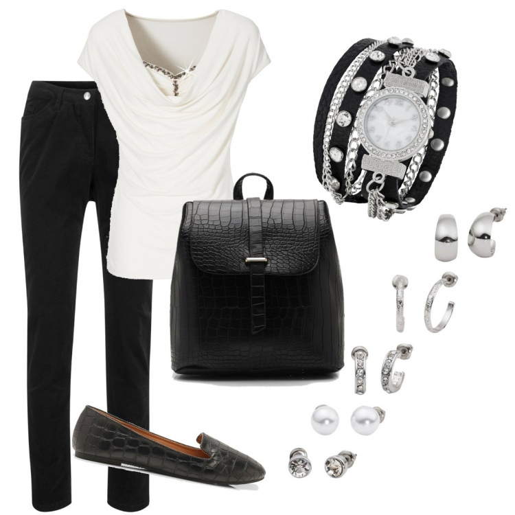 Outfit donna - Stile in ufficio. Stile Trendy per Ufficio. Abbinamento con pantaloni, pullovers, orecchini, orologio, ballerine, zaino.