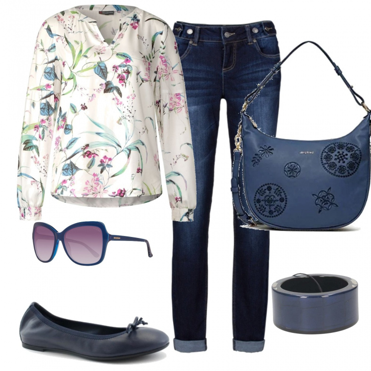 Outfit donna - Blue e jeans. Stile Basic per Tutti i giorni. look ideale per Tall. Abbinamento con jeans boyfriend, braccialetti, ballerine, bluse, borse a tracolla, occhiali da sole.
