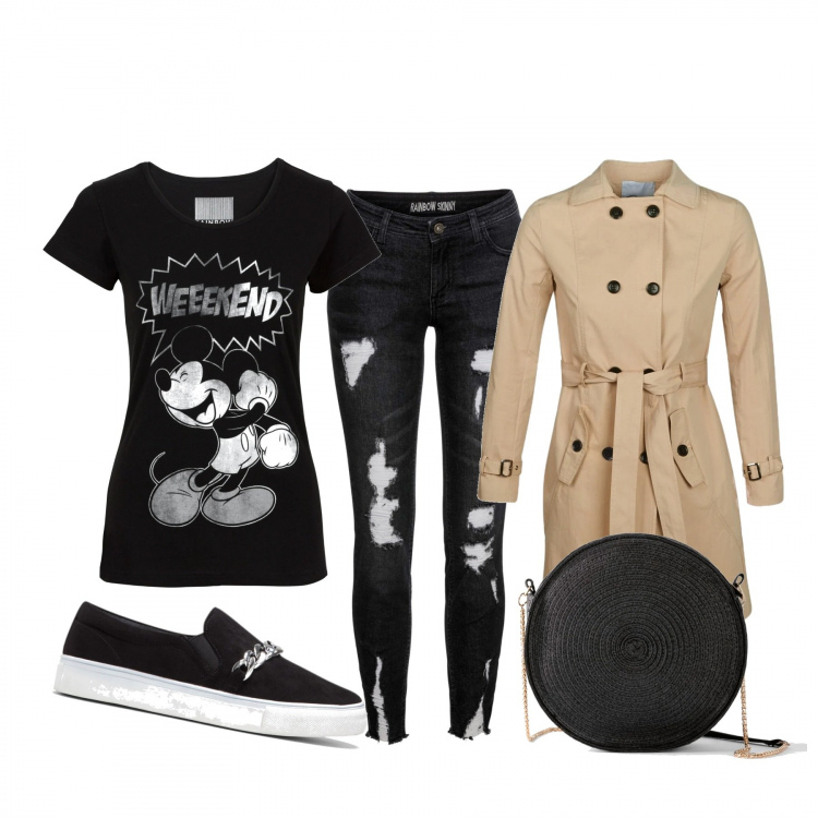 Outfit donna - Basic #20182. Stile Basic per Tutti i giorni. Abbinamento con t-shirt, jeans strappati, mocassini, borse a spalla, trench.