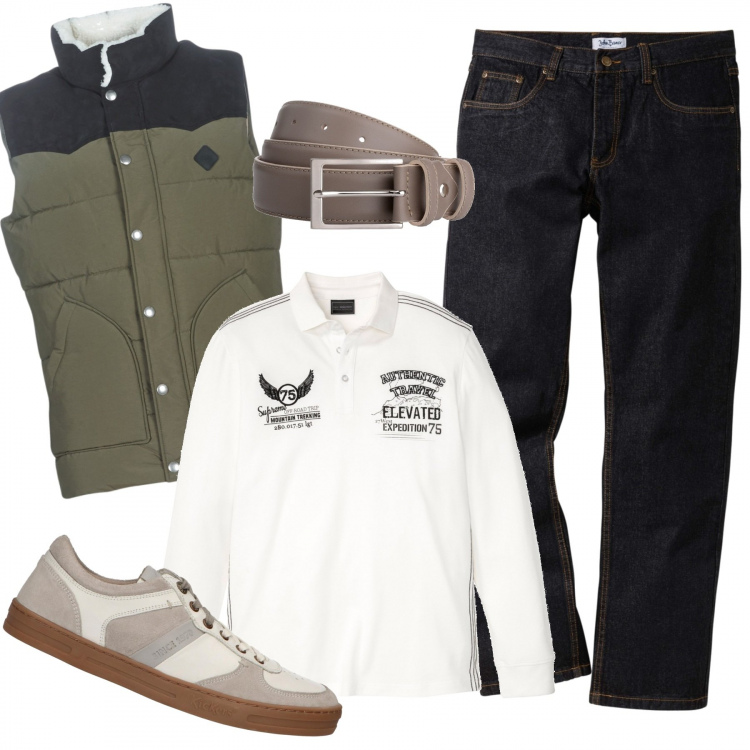 Outfit uomo - Mountain spring. Stile Casual per Tutti i giorni. Abbinamento con jeans dritti, polo, cintura, piumini, sneakers.
