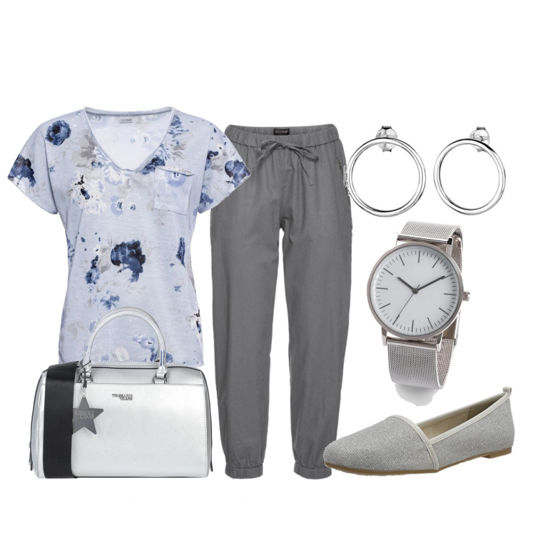 Outfit donna - Basic #20186. Stile Basic per Tutti i giorni. Abbinamento con pantaloni, slip, orologio, borsa a mano, mocassini, orecchini.