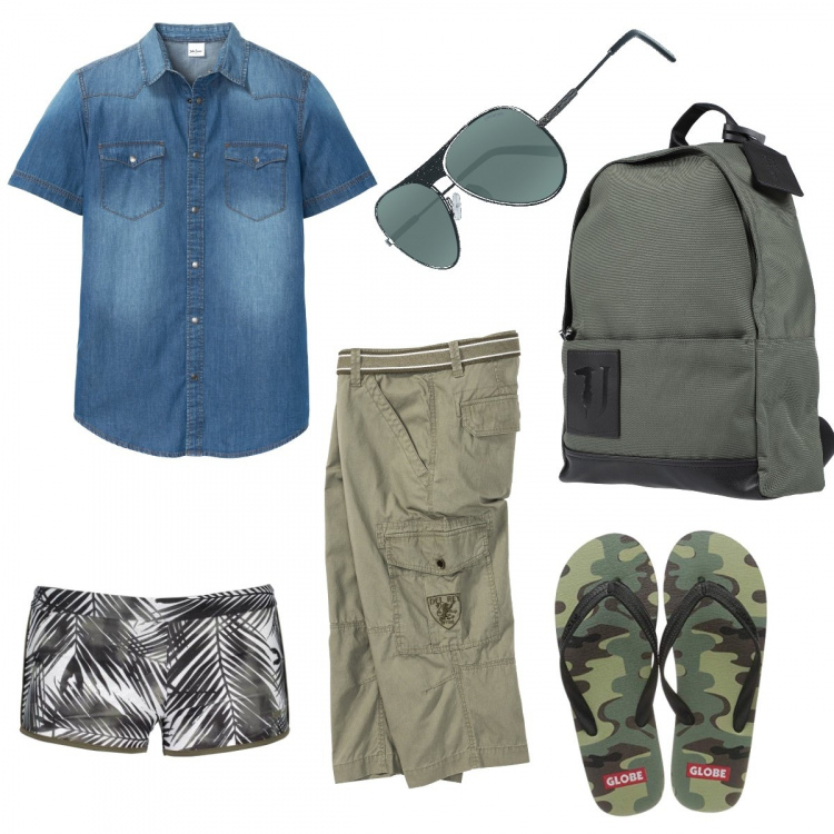 Outfit uomo - All\'acquapark. Stile Urban per Mare. Abbinamento con zaino, camicie a manica corta, shorts, sandali, costumi, occhiali da sole.