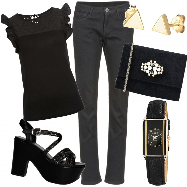 Outfit donna - Semplice eleganza. Stile Urban per Ufficio. Abbinamento con borsa a tracolla, t-shirt, jeans, sandali, orologi analogici, orecchini.