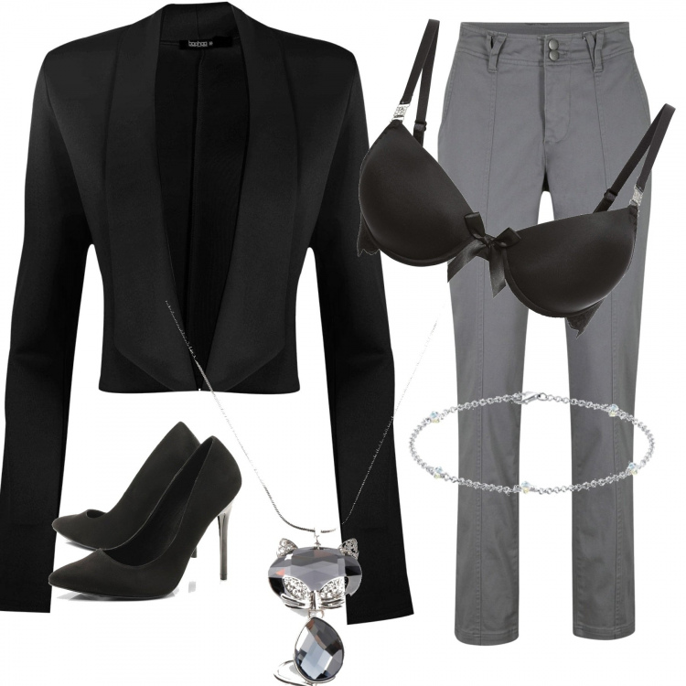 Outfit donna - Cats. Stile Rock Abbinamento con vestiti midi/longuette, reggiseni, collane, blazer, scarpa col tacco, braccialetti.