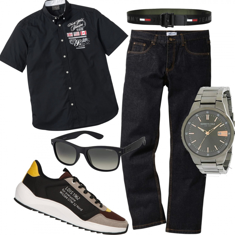 Outfit uomo - Strong style. Stile Biker Rock per Tutti i giorni. Abbinamento con jeans dritti, camicia a maniche corte, cinture, orologi, occhiali da sole, sneakers.