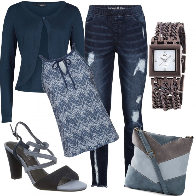 Outfit donna - Luci e ombre. Stile Rock per Tutti i giorni. Abbinamento con vestiti, bolero, borse a tracolla, jeans skinny, sandali, orologio.