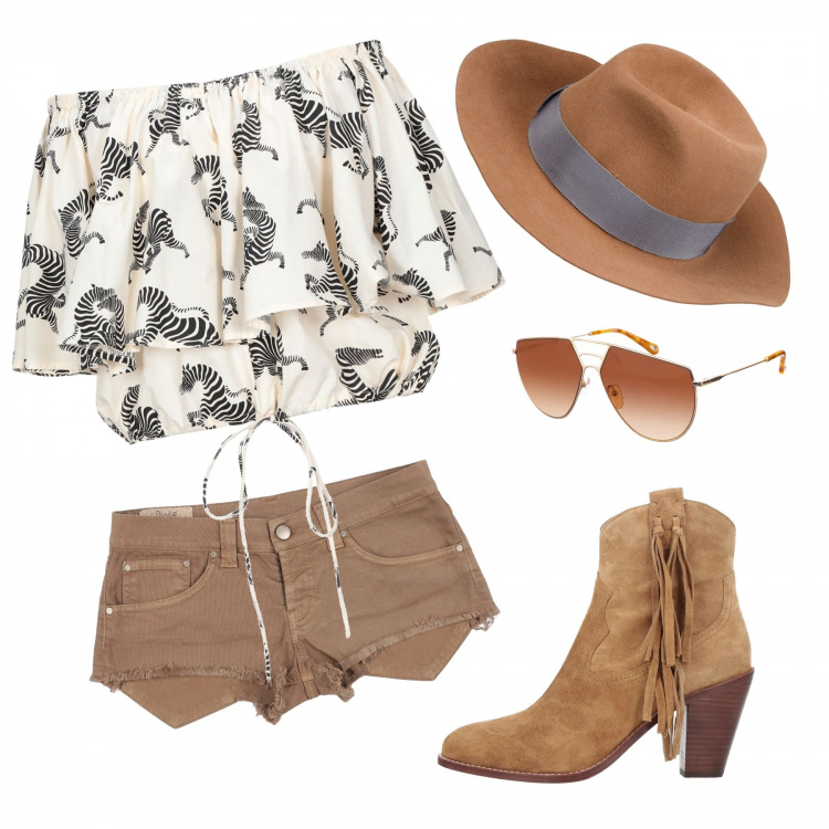 Outfit mujer - Hot pants country. Estilo Étnico para Todos los días. Combinación con gafas de sol, top, sombrero, shorts.