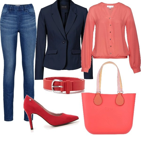 Outfit donna - Jeans at work. Stile Trendy per Ufficio. Abbinamento con jeggings, blazer, blusa, borse a mano, cinture, décolleté.
