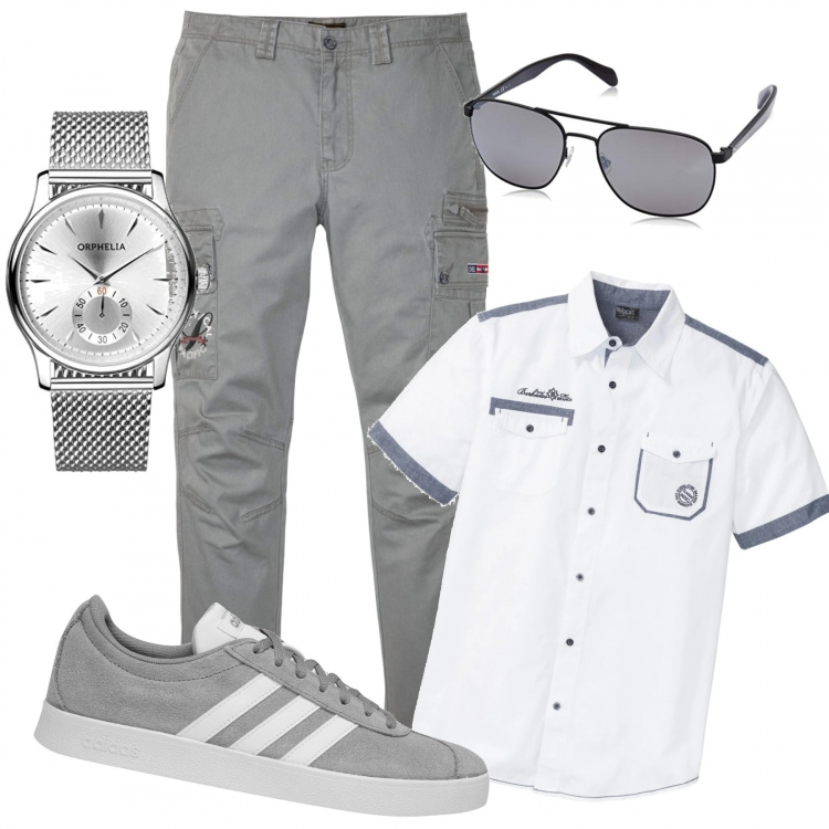 Outfit uomo - Grey look. Stile Trendy per Tutti i giorni. Abbinamento con camicie a manica corta, pantaloni cargo, orologio, sneakers, occhiali da sole.