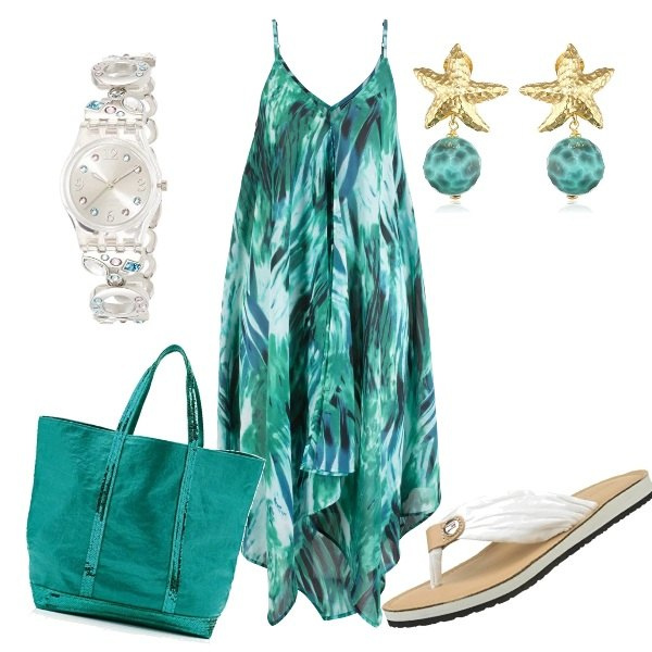 Outfit donna - In crociera ore 12, 30: Pranzo informale. Stile Basic per Mare. Abbinamento con vestiti da spiaggia, infradito, orologio, borsa tote, orecchini.