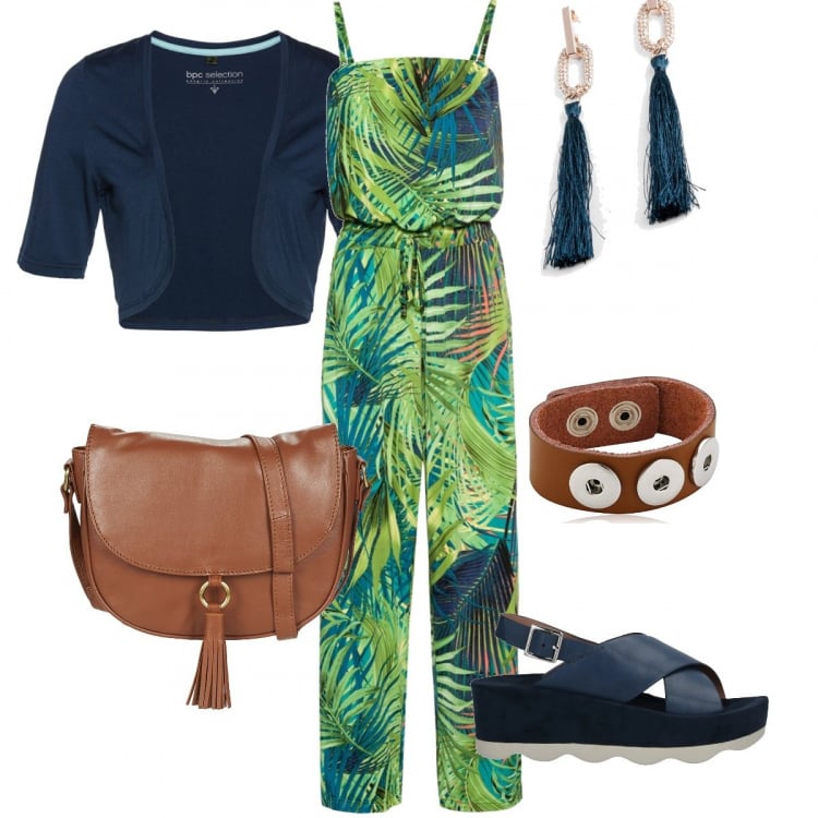 Outfit donna - Verde e Blu. Stile Chic per Tutti i giorni. Abbinamento con sandali, blazer, tute, orecchini, borsa a tracolla, braccialetto.