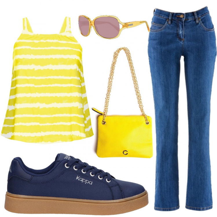 Outfit donna - Happy day. Stile Trendy per Tutti i giorni. Abbinamento con jeans dritti, maglieria, sneakers, borse, occhiali da sole.
