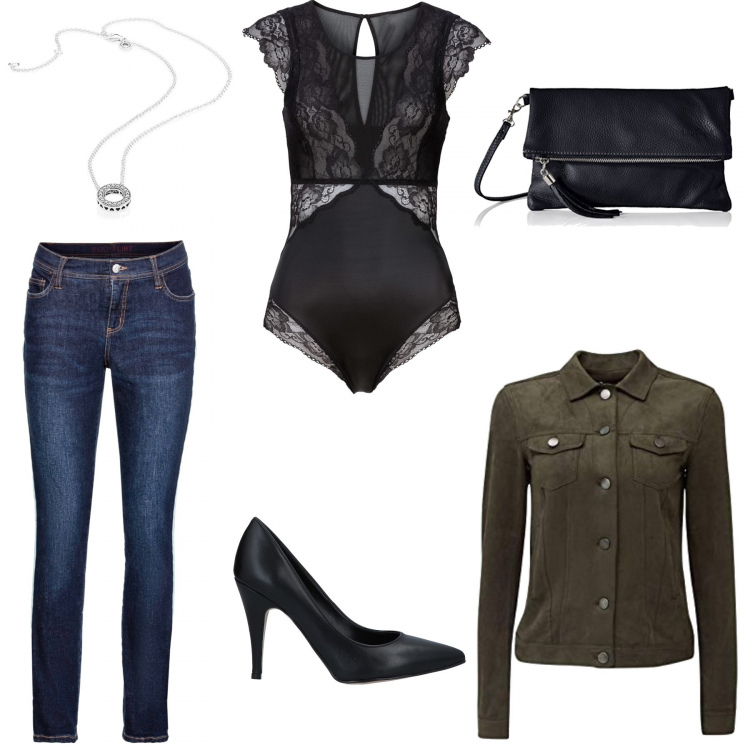 Outfit femme - Tenue soirée. Style Sexy pour Soirée dehors. Assortir avec body, jeans, manteaux, pochette, escarpins, pendentifs.