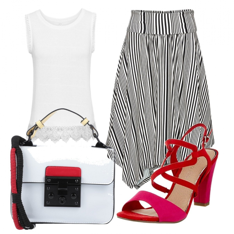 Outfit donna - Trendy #32250. Stile Trendy per Tutti i giorni. Abbinamento con borse a spalla, borse a tracolla, gonna, sandali.