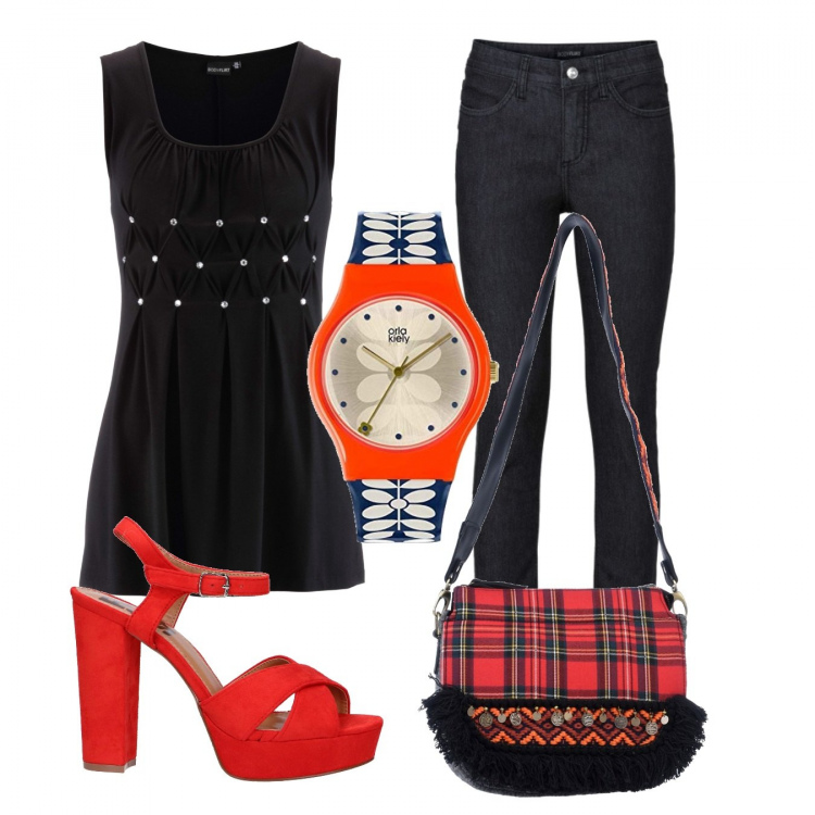 Outfit donna - Trendy #32253. Stile Trendy per Tutti i giorni. Abbinamento con jeans skinny, top, borse a spalla, sandali, orologi analogici.