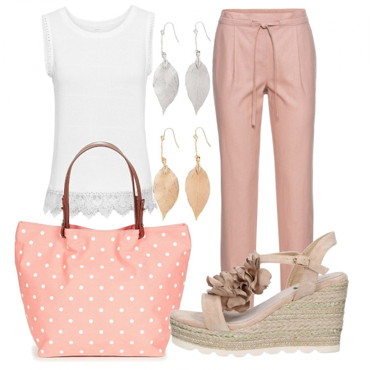 Outfit donna - Trendy #32292. Stile Trendy per Tutti i giorni. Abbinamento con pantaloni, top, orecchini, borsa, sandali.